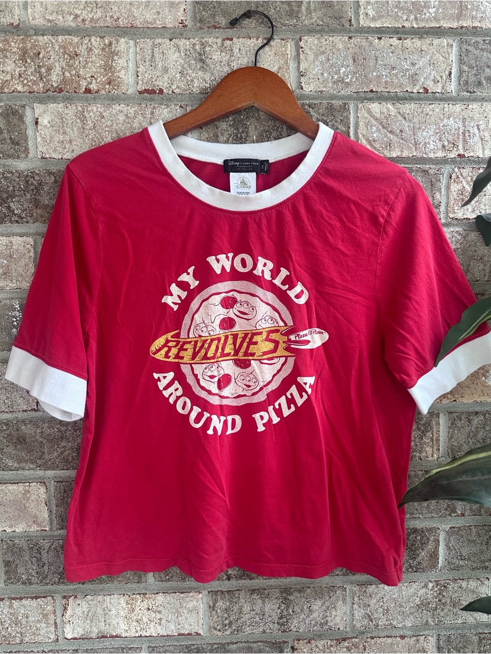 Disney + Junk Food Red Ringer Tee w/My World Revolves Around Pizza Print XXL
